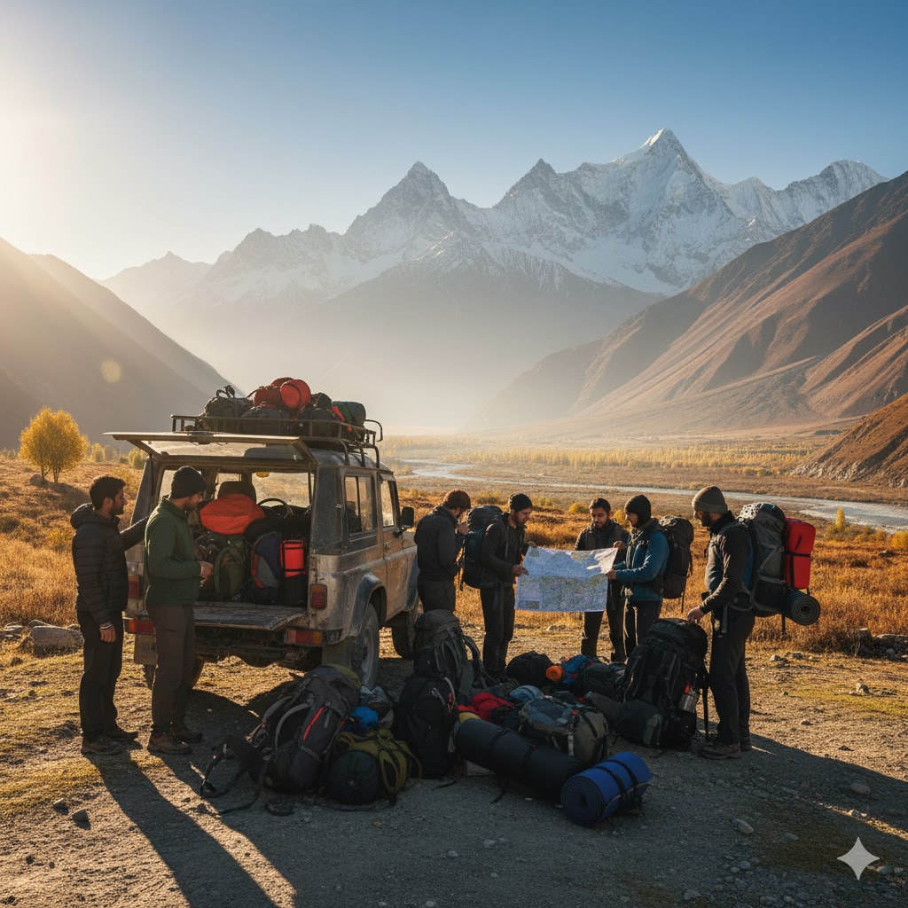 Students unpacking trekking gear beside a jeep in Skardu Valley