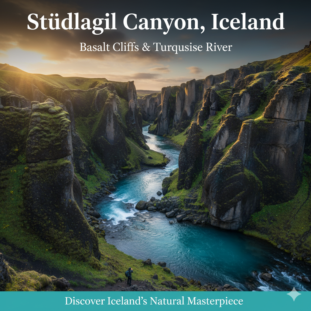 Stuðlagil Canyon Iceland, basalt cliffs and turquoise river