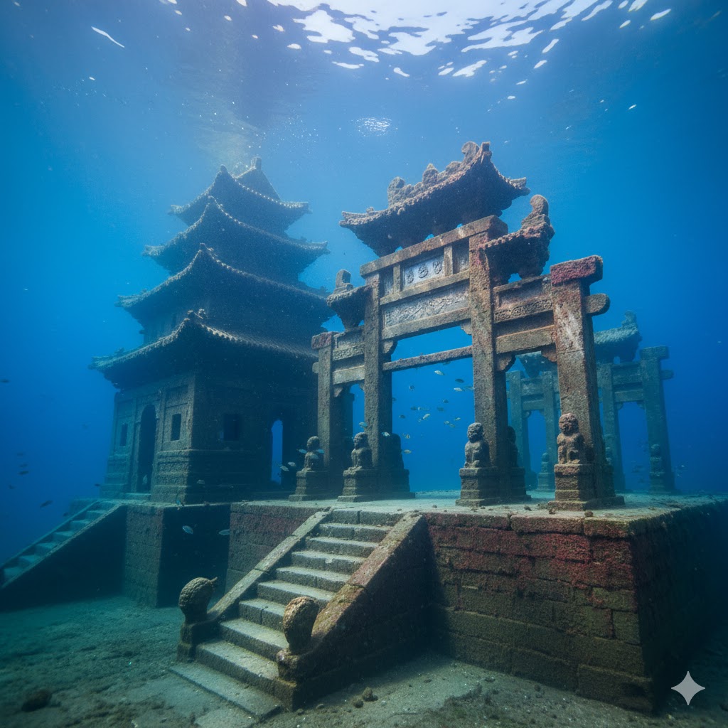 Submerged stone gates and temples of the ancient Lion City under Qiandao Lake’s blue waters.