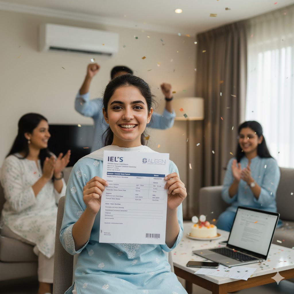 Successful Pakistani student celebrating IELTS Band 8 result 2025