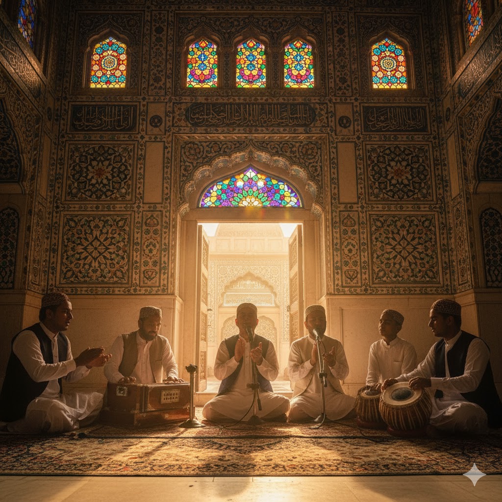 Sufi musicians performing near Shah Abdul Latif Bhittai shrine at sunset