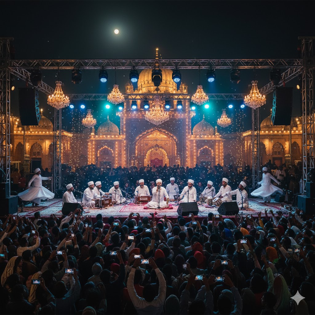 Sufi musicians performing under colorful lights at Sufi Music Festival Lahore