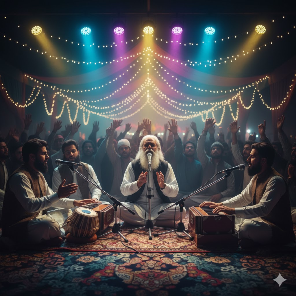 Sufi singers performing traditional Qawwali under colorful lights during the Sufi Music Festival in Multan.