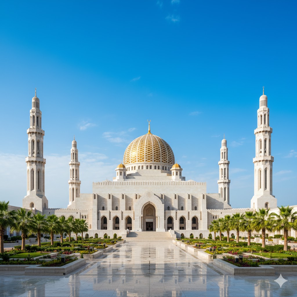 Sultan Qaboos Grand Mosque with golden dome under blue sky, Oman