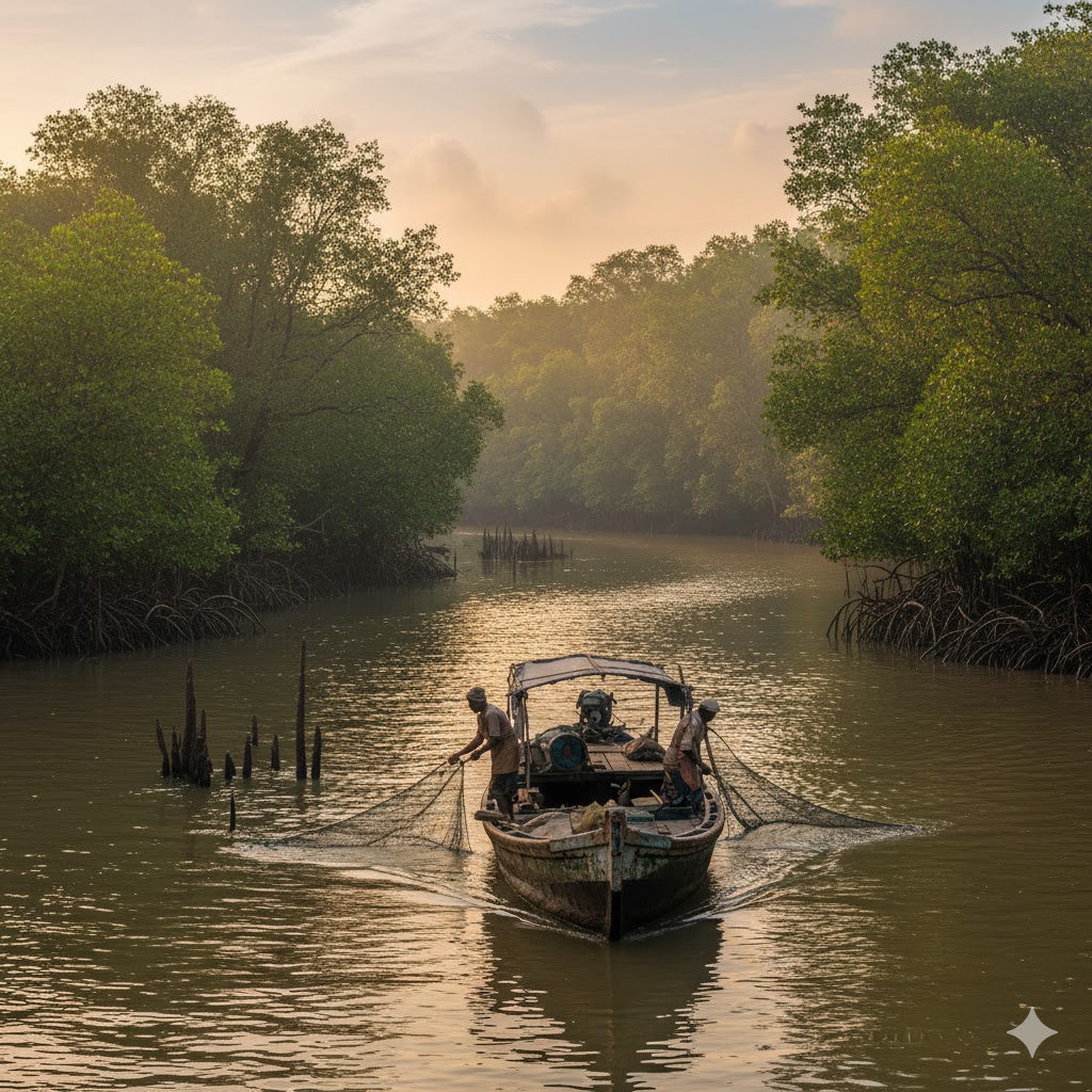 Sundarbans river with a fishing boat and mangroves
