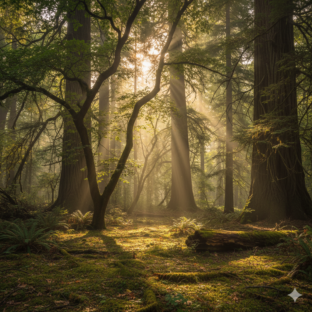 Sunlight filtering through ancient forest canopy