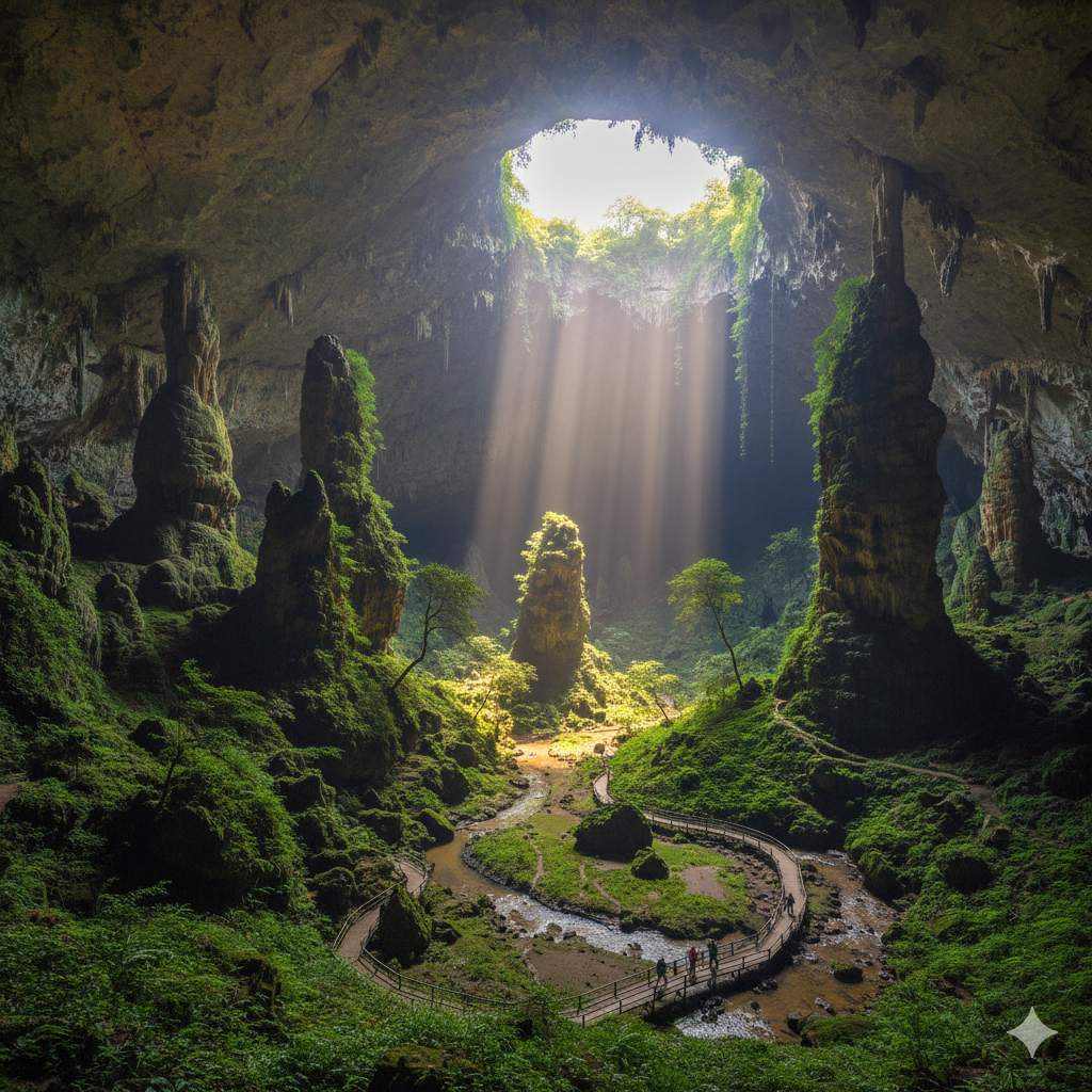 Sunlight piercing collapsed ceiling of Son Doong Cave