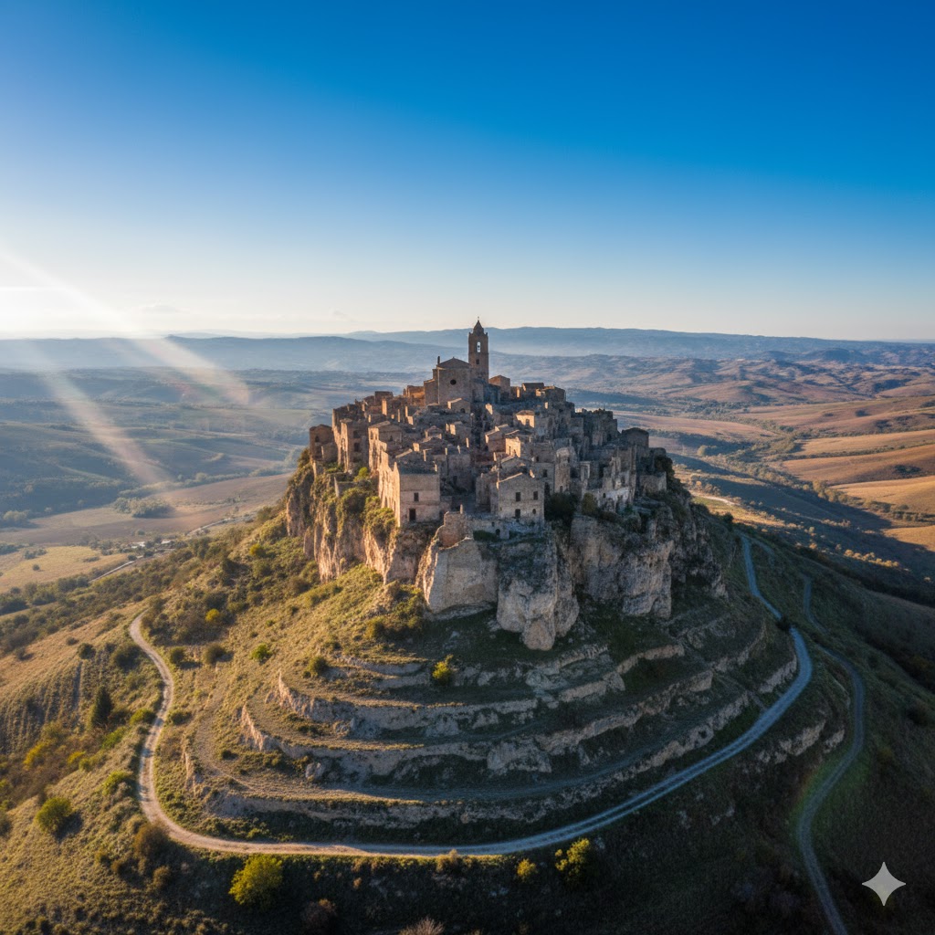 Sunlight shining over stone ruins of the hilltop ghost town Craco, Italy. 