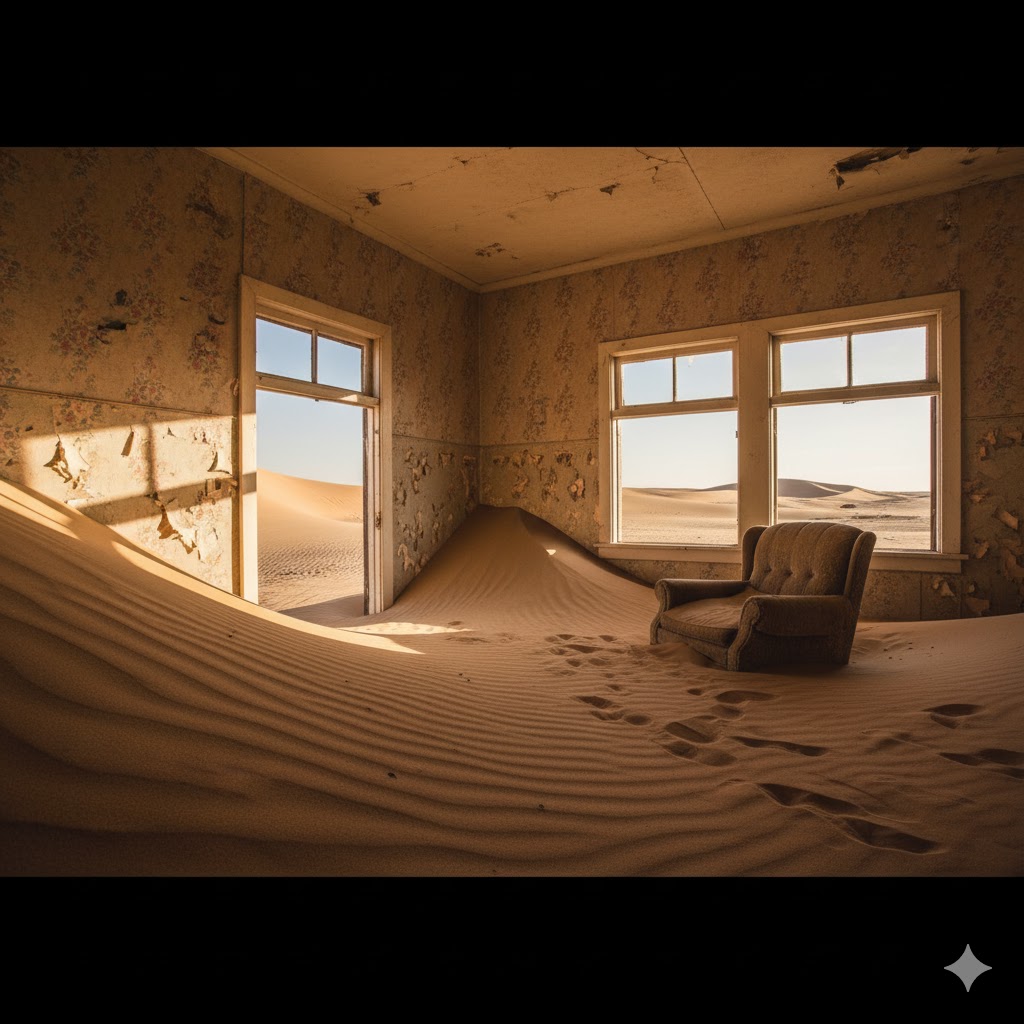 Sunlight streaming through sand-filled rooms of Kolmanskop’s abandoned houses in Namibia. 