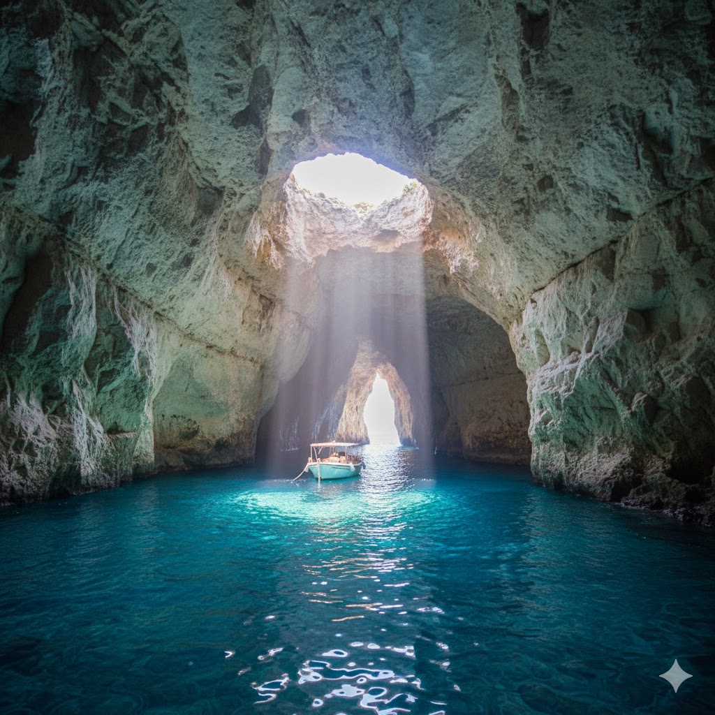 Sunlight streaming through turquoise Blue Caves in Zakynthos, Greece. 