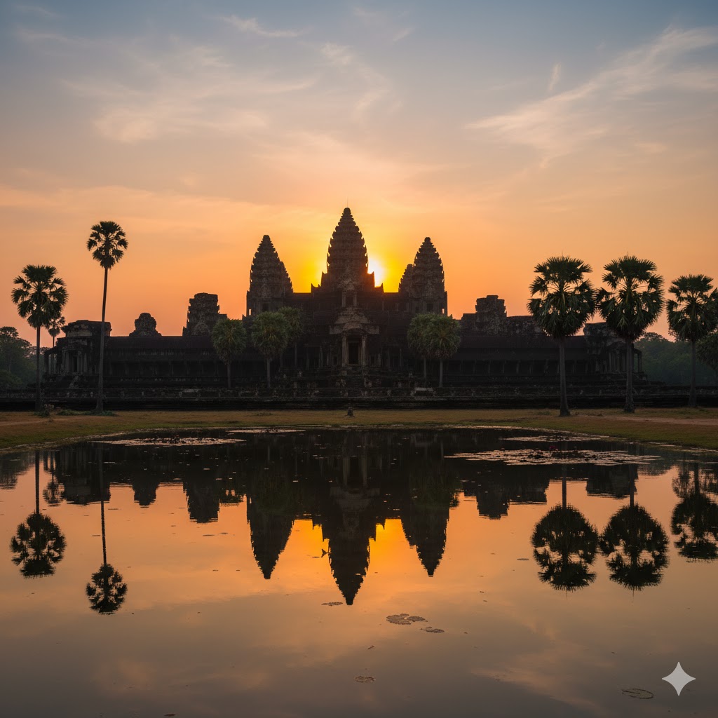 Sunrise behind Angkor Wat temples in Siem Reap