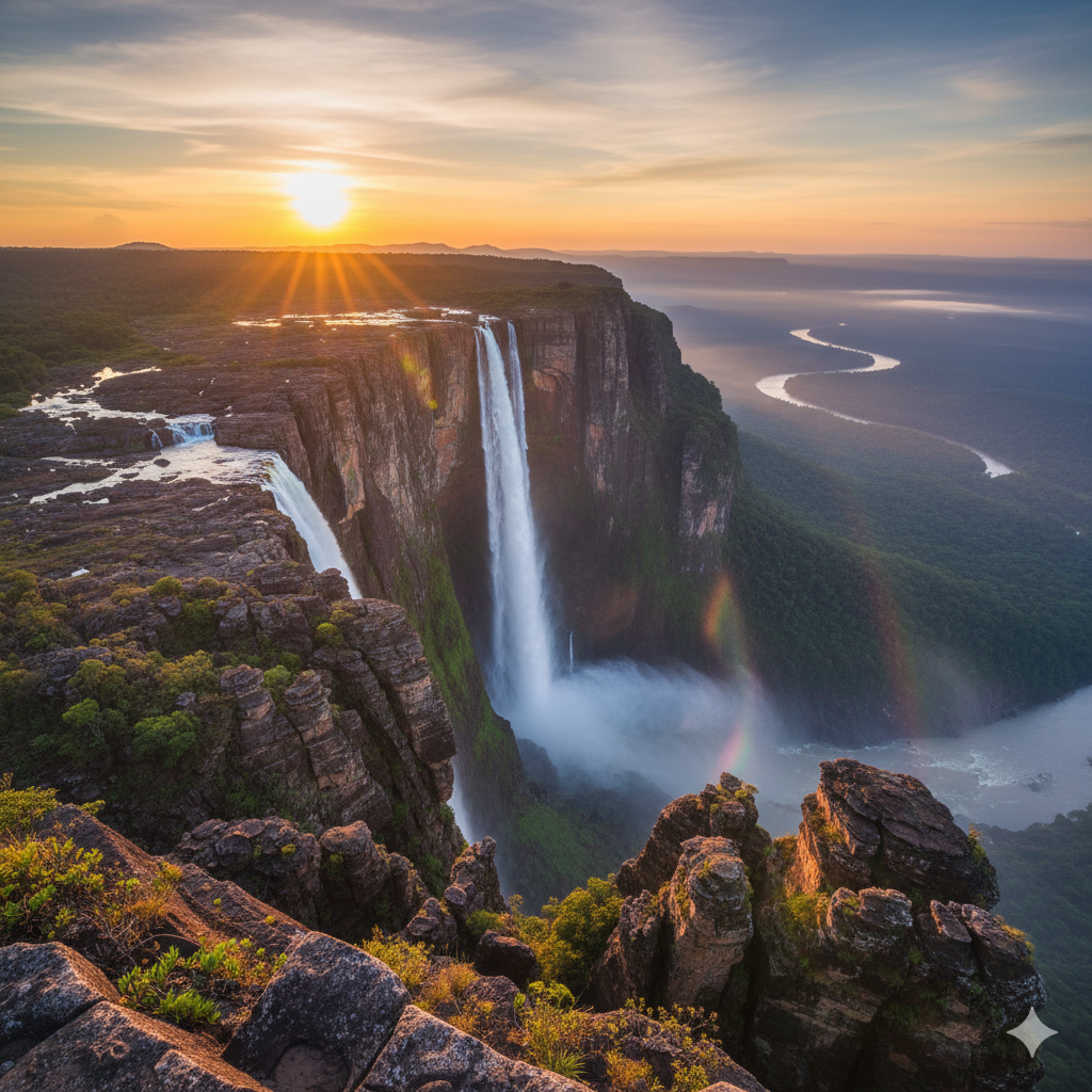 Sunrise over Angel Falls from Auyán-tepui plateau