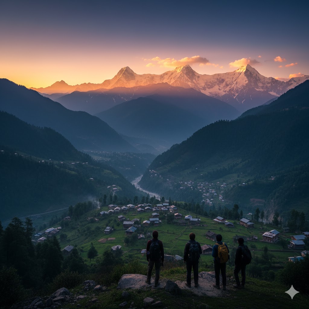 Sunrise over Arrang Kel village with hikers looking toward glowing mountains