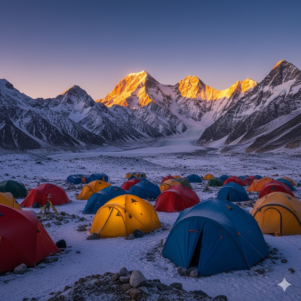 Sunrise over K2 Base Camp tents