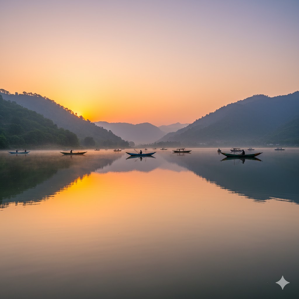 Sunrise over Khanpur Lake with boats and hills reflected in still water