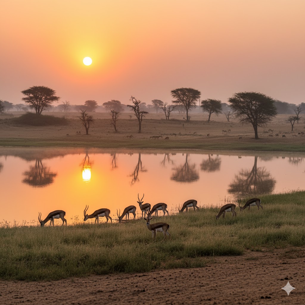 Sunrise over Lal Suhanra National Park with deer grazing near the reflective lake.