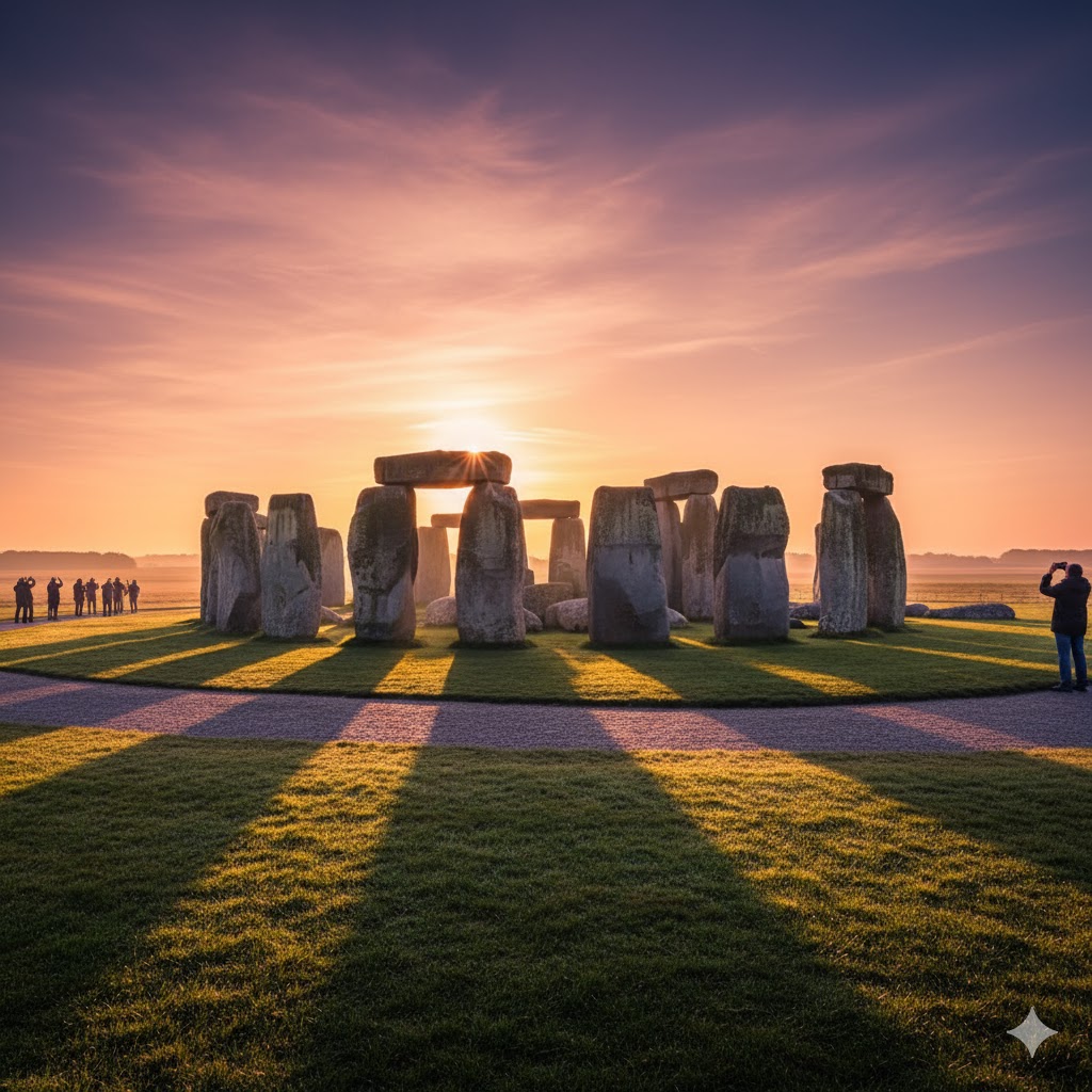 Sunrise over Stonehenge stone circle with tourists watching from viewing path