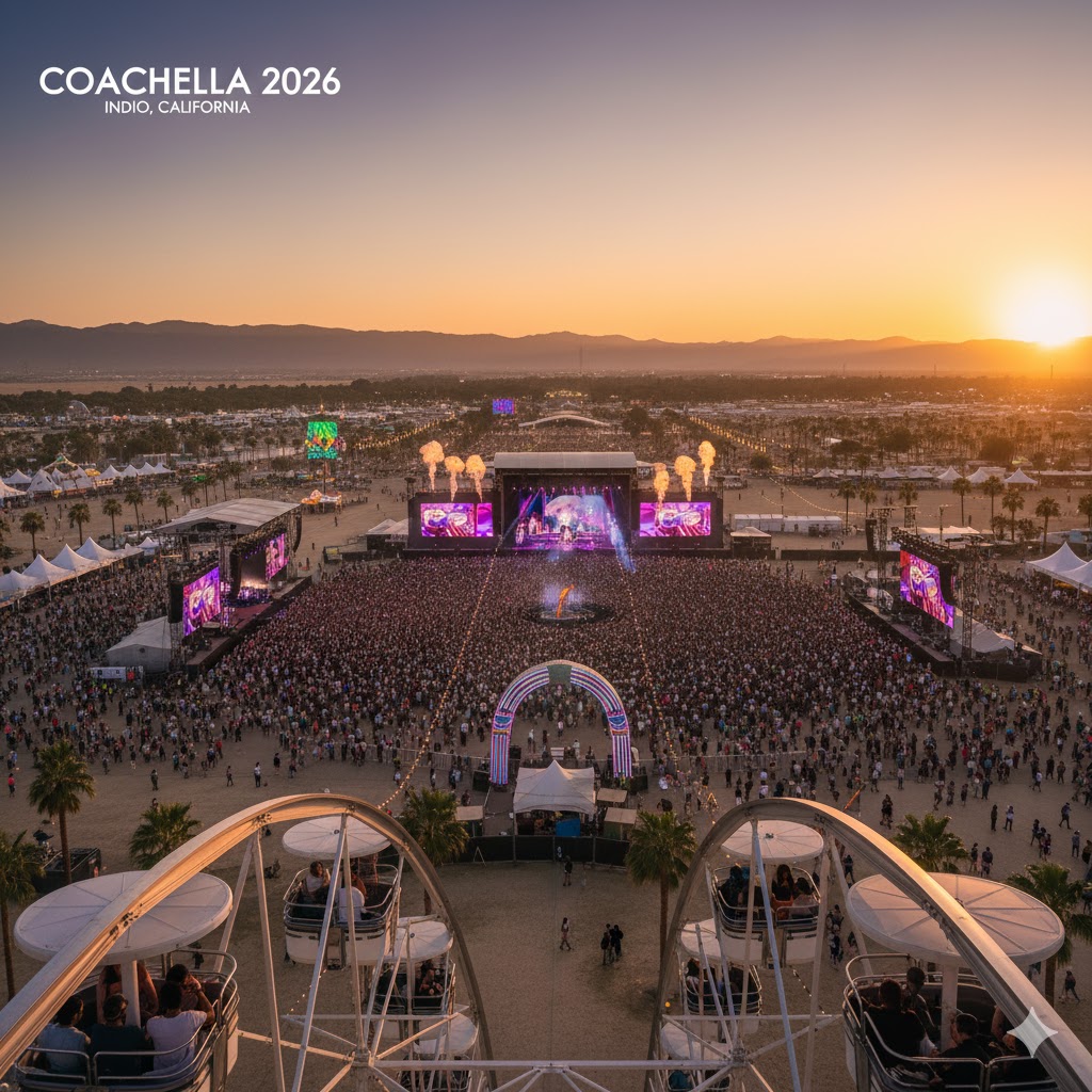 Sunset Ferris wheel view over music stages at Coachella 2026 California
