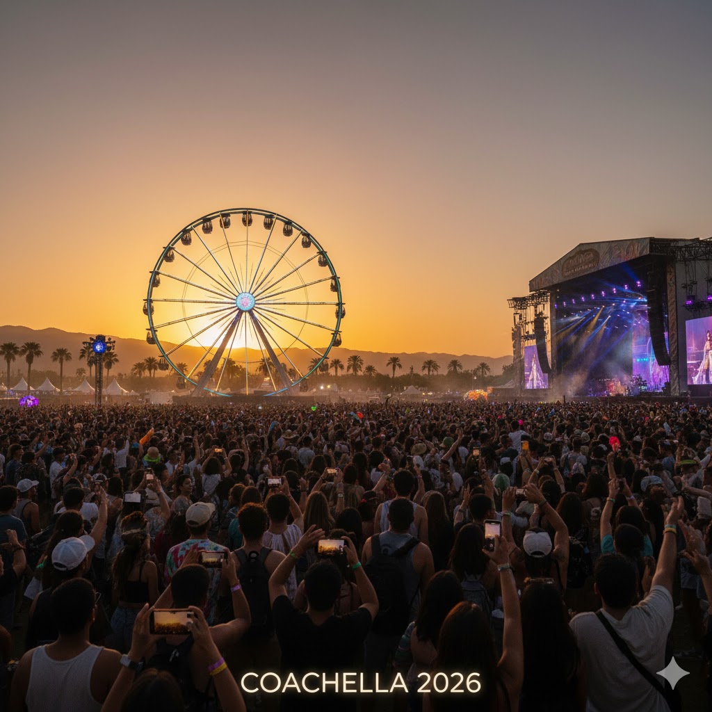 Sunset crowd at Coachella 2026 with ferris wheel and stage lights glowing