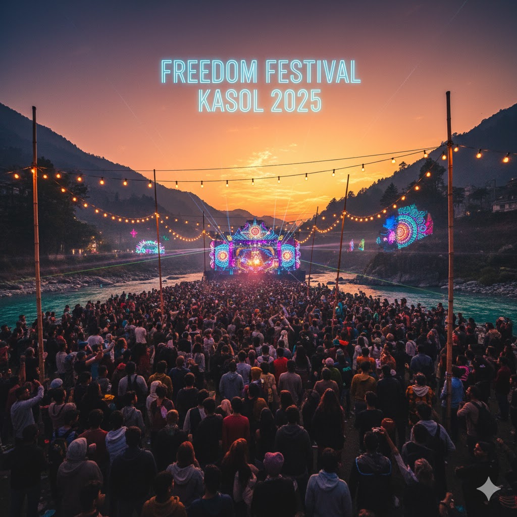 Sunset crowd shot with glowing lights at Freedom Festival Kasol 2025
