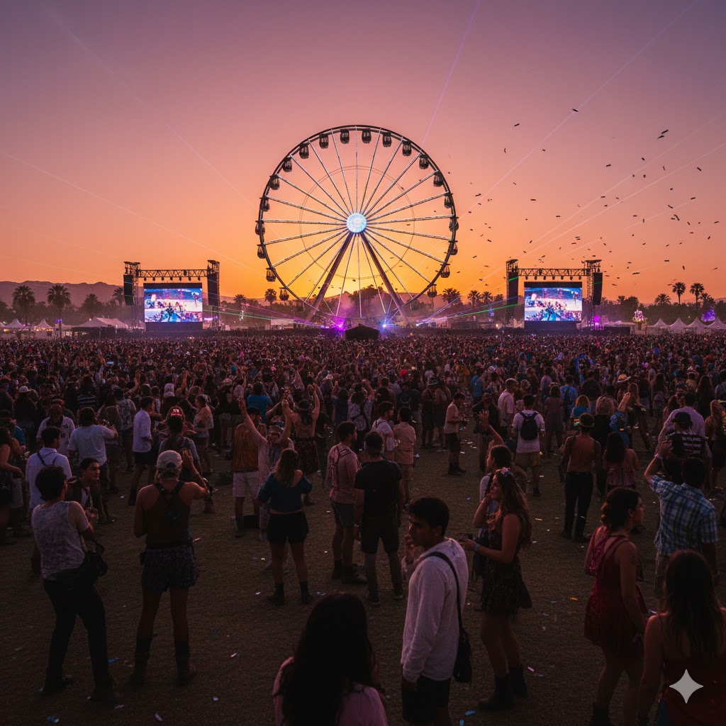 Sunset crowd with ferris wheel at Coachella Music Festival 2026