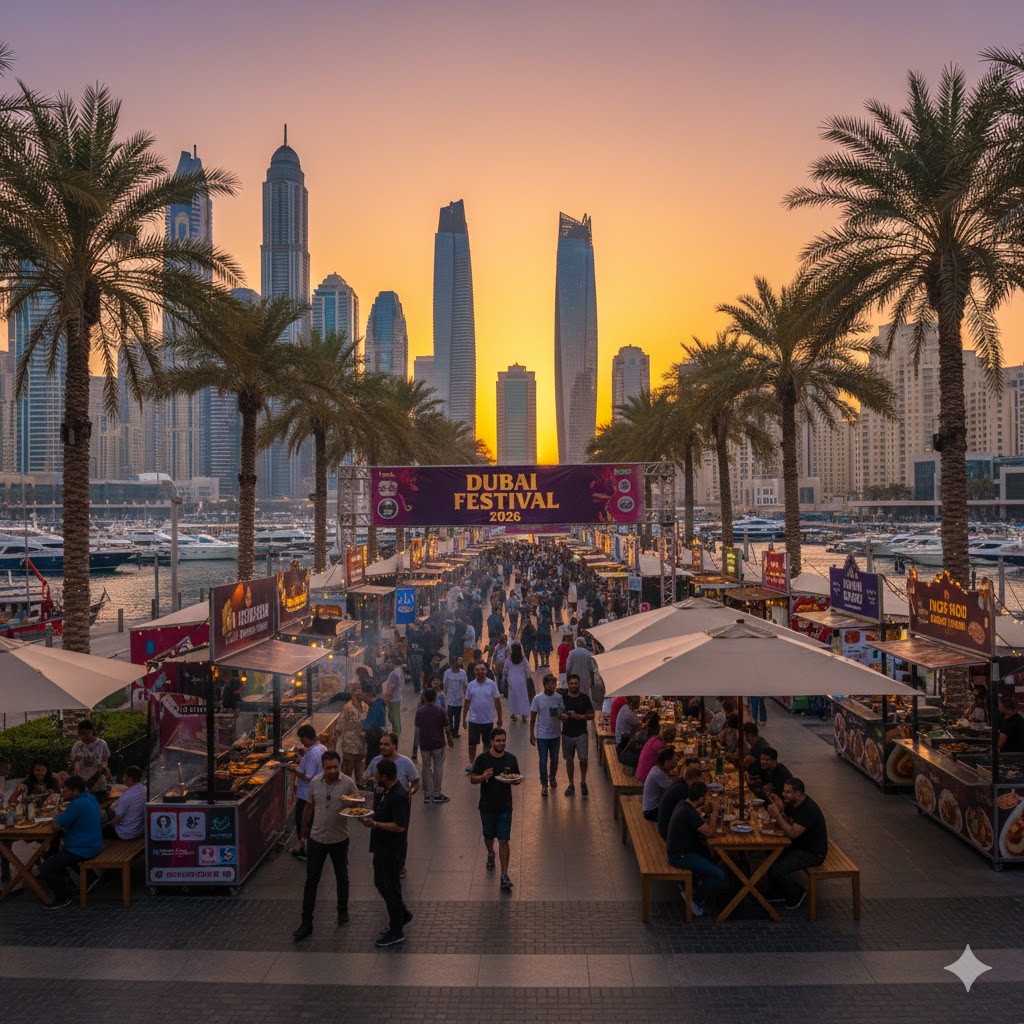 Sunset dining stalls along Dubai Marina during Dubai Food Festival 2026