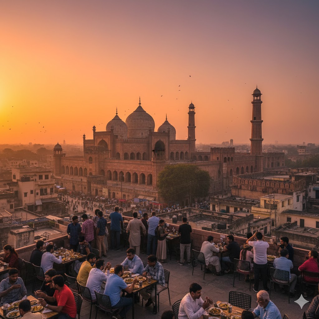 Sunset over Badshahi Mosque and Lahore Fort seen from Food Street rooftop