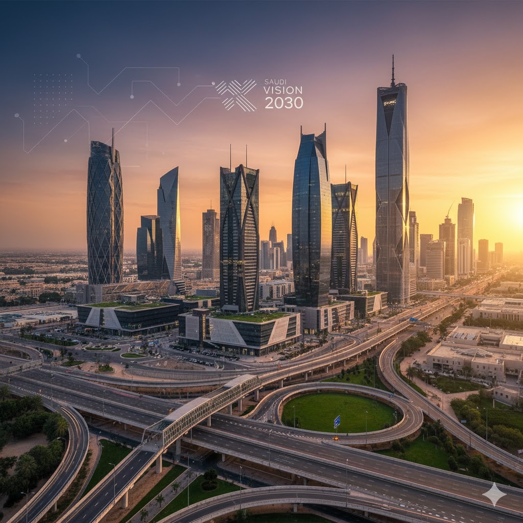 Sunset over Jeddah skyline symbolizing sustainable infrastructure progress under Saudi Vision 2030. 