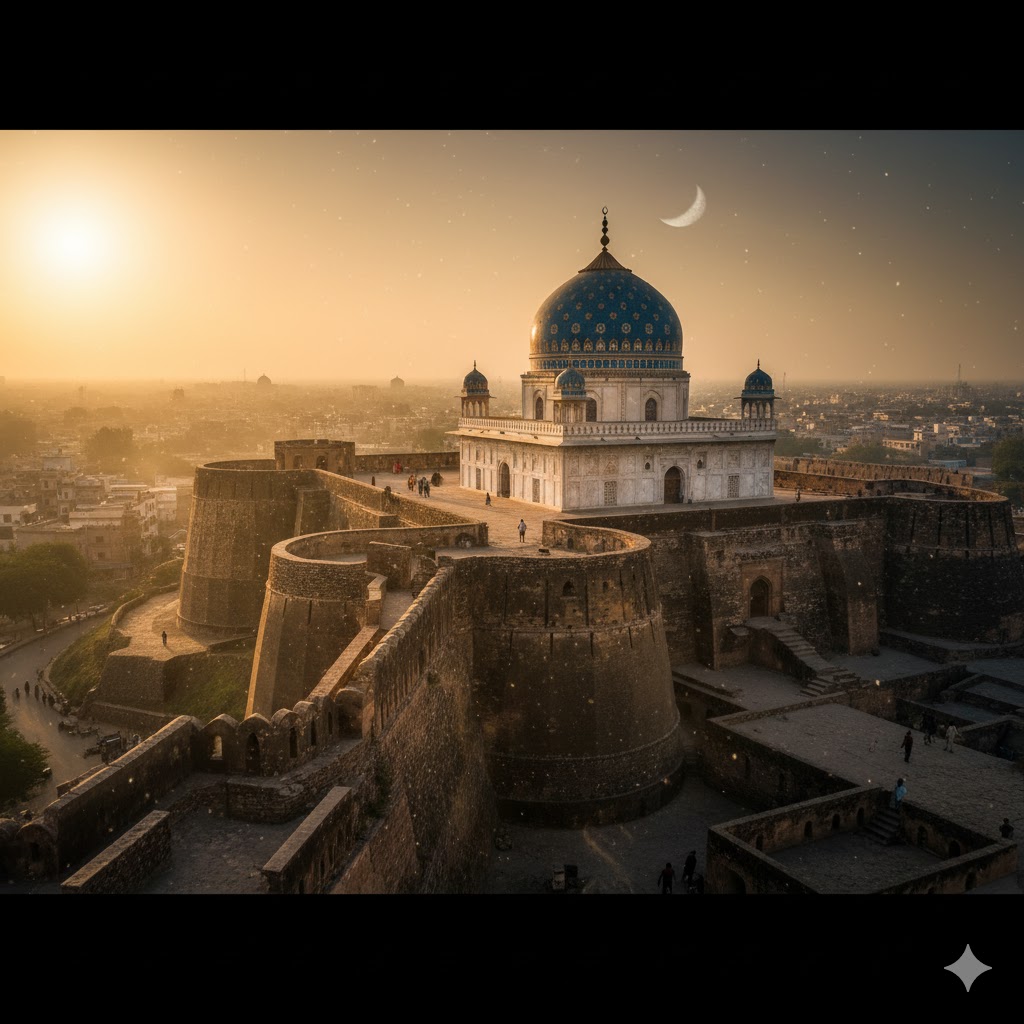 Sunset over Multan Fort with Shah Rukn-e-Alam’s dome dominating the skyline. Sunset over Multan Fort with Shah Rukn-e-Alam’s dome dominating the skyline.