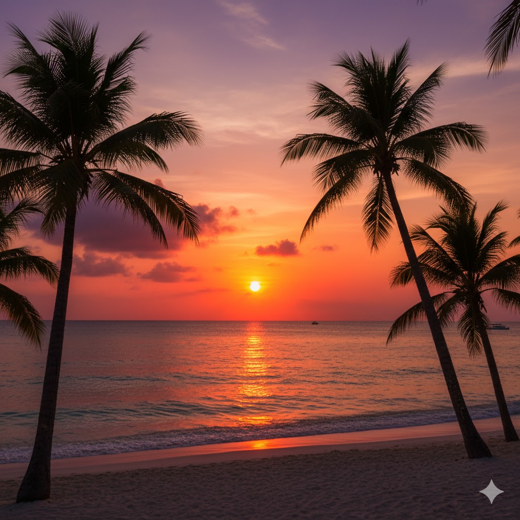 Sunset over Seven Mile Beach, Negril with palm silhouettes, Jamaica