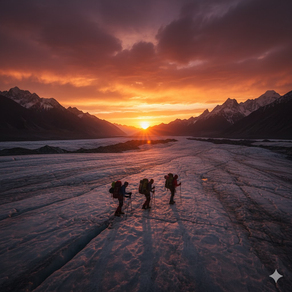 Sunset over a high-altitude Gilgit Baltistan glacier with trekkers silhouetted.