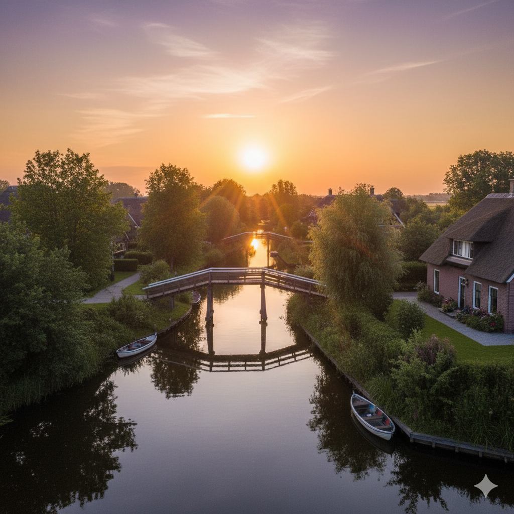 Golden sunset reflecting over the bridges and water in Giethoorn