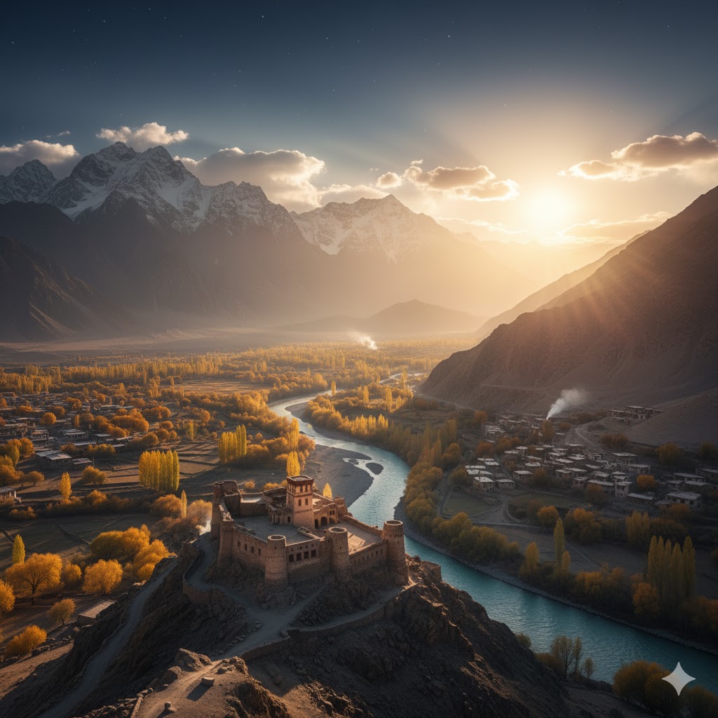 Sunset panorama of Hunza Valley symbolizing the continuity of heritage and life.