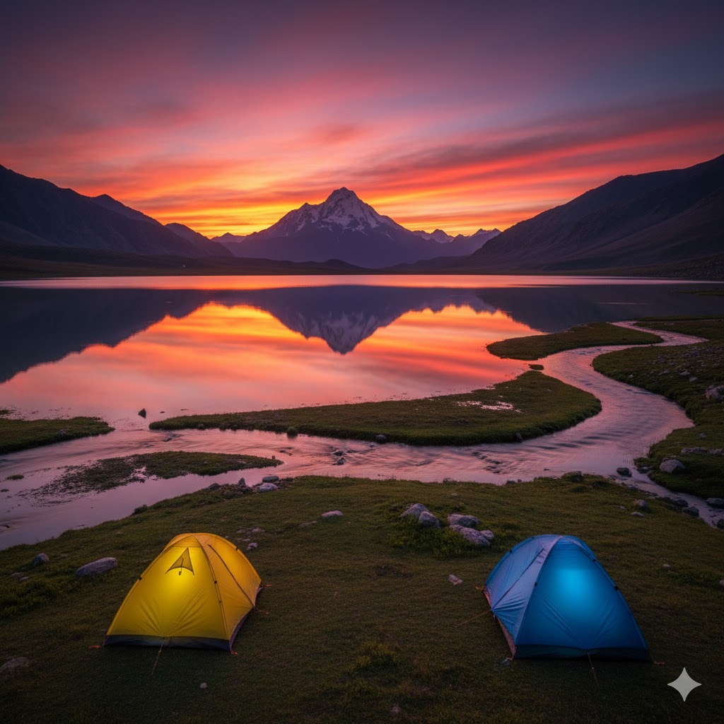 Sunset reflection of Nanga Parbat over Sheosar Lake with tents visible nearby. Sunset reflection of Nanga Parbat over Sheosar Lake with tents visible nearby.