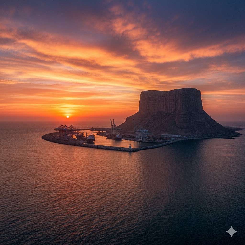 Sunset view of Gwadar port and Hammerhead rock formation over the Arabian Sea
