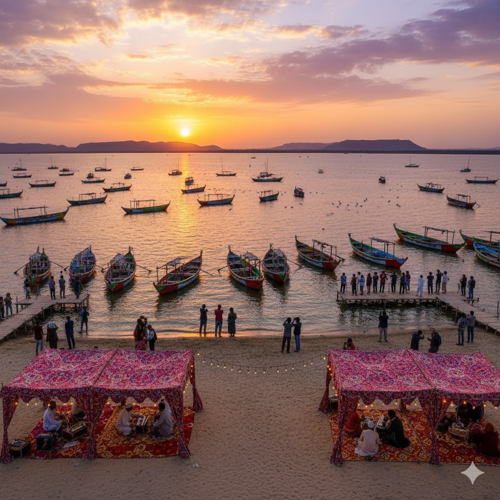 Sunset view of colorful boats and birdwatchers at Keenjhar Lake Festival with music tents by the shore