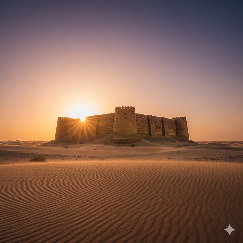 Sunset view over Derawar Fort and desert horizon symbolizing Bahawalpur’s heritage and timeless beauty. Sunset view over Derawar Fort and desert horizon symbolizing Bahawalpur’s heritage and timeless beauty.
