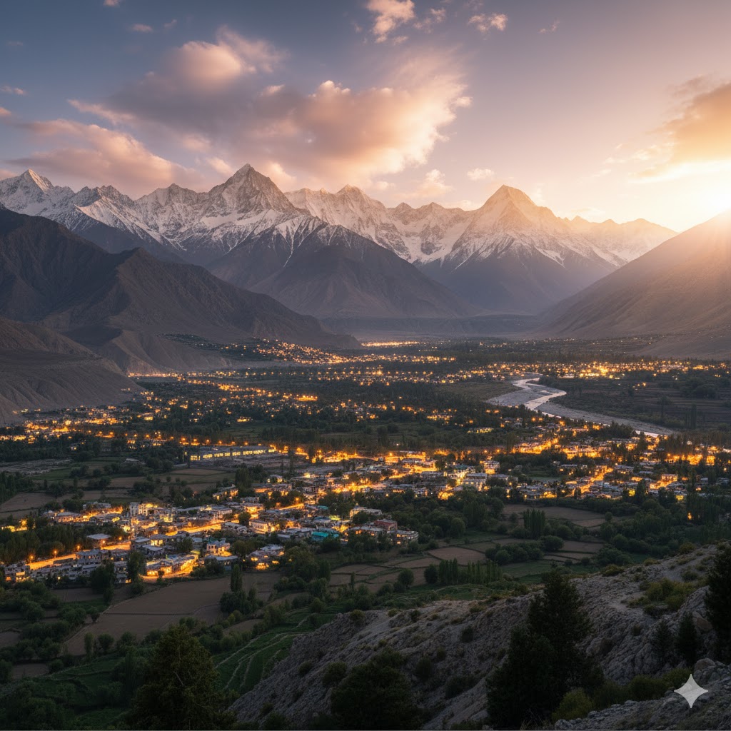 Sunset view over Hunza Valley with mountains and valley lights