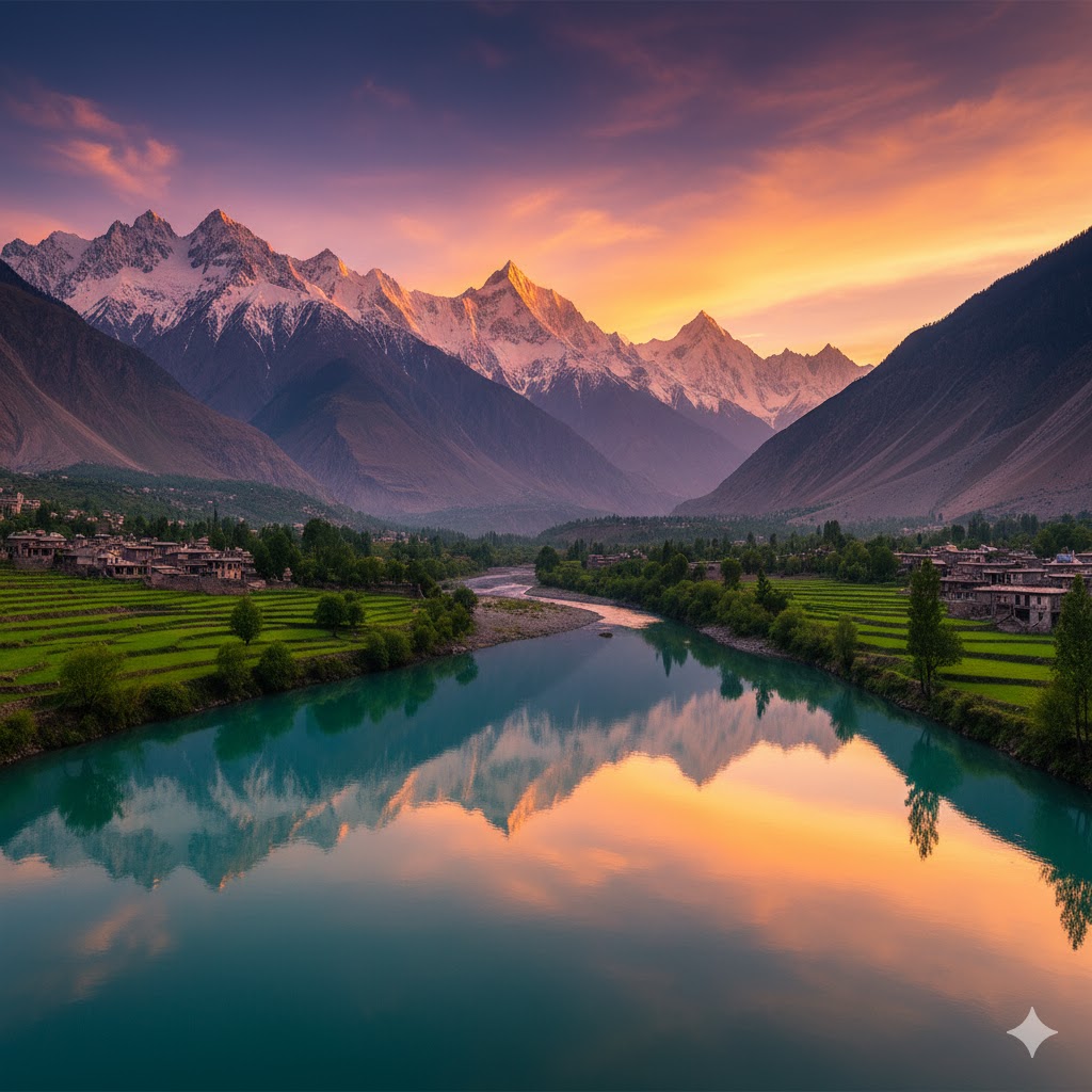 Sunset view over Swat Valley with mountains and river reflections
