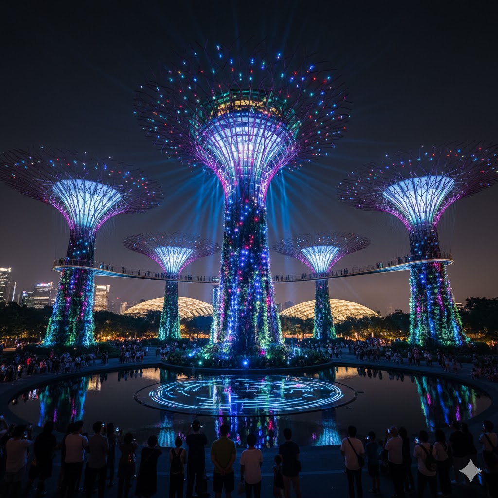 Supertree Grove at Gardens by the Bay illuminated at night, Singapore