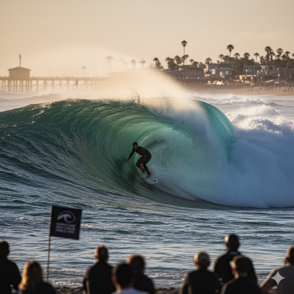 Surfer riding large wave during World Surf League Finals 2026 California.