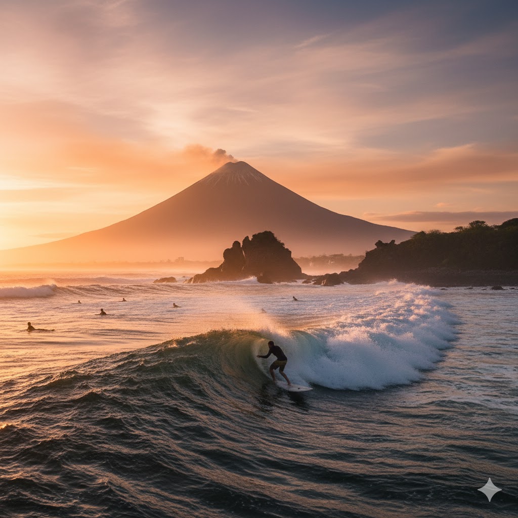 Surfers at El Tunco beach with volcano backdrop, El Salvador