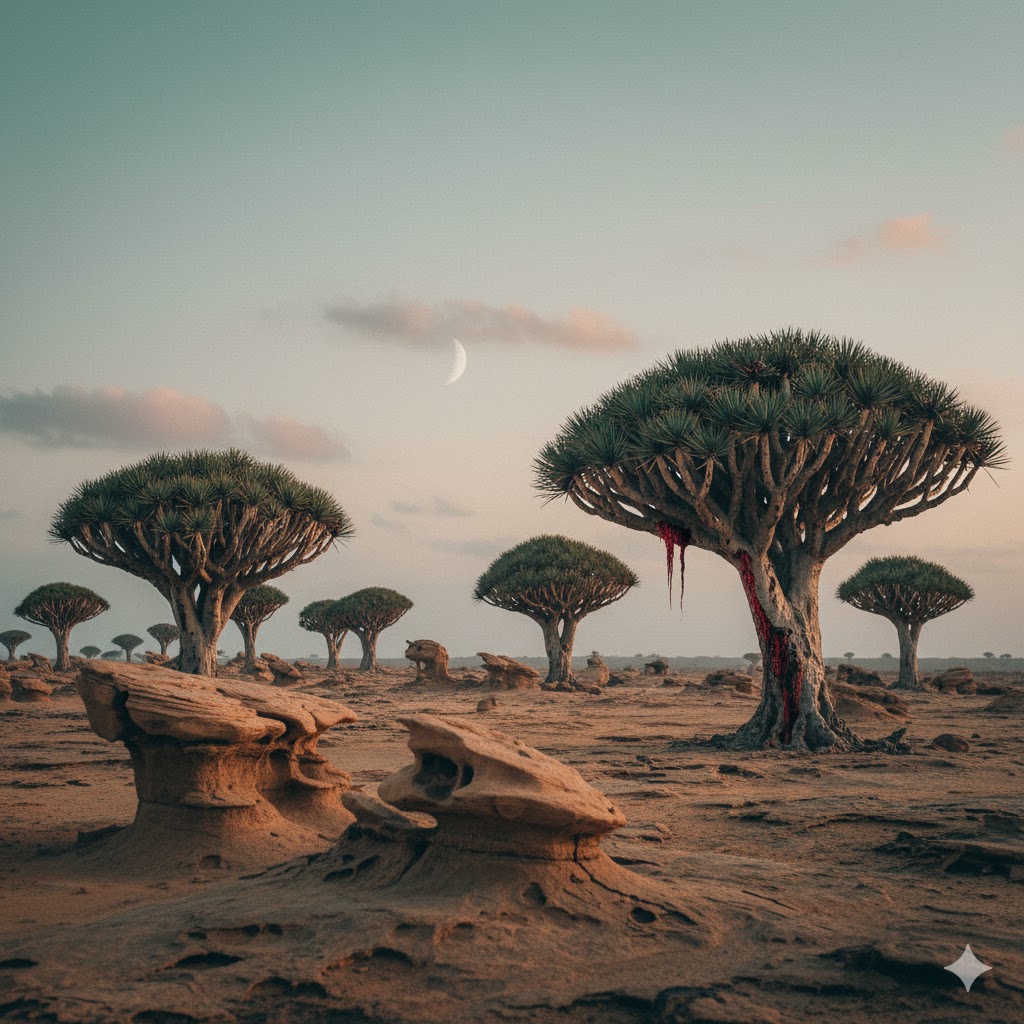 Surreal landscape of Socotra Island with Dragon’s Blood Trees under a pale desert sky.