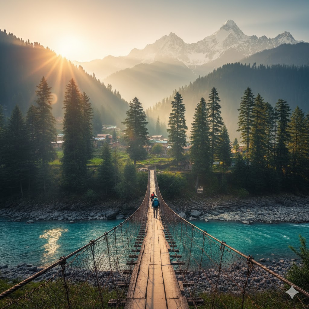Suspension bridge over Neelum River connecting Kel to Arrang Kel under morning sunlight