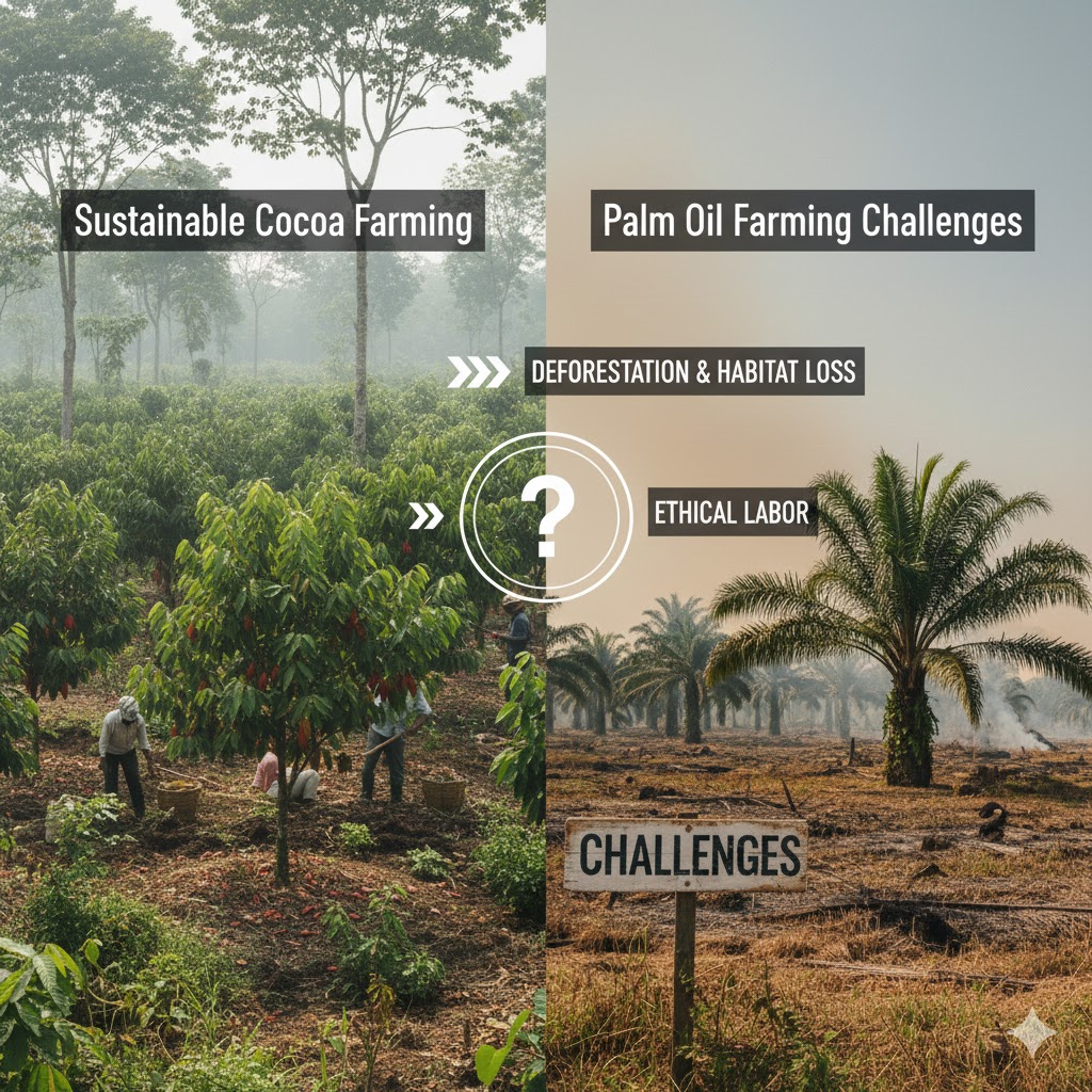 Sustainable farming field — Sustainable cocoa and palm oil farming challenges