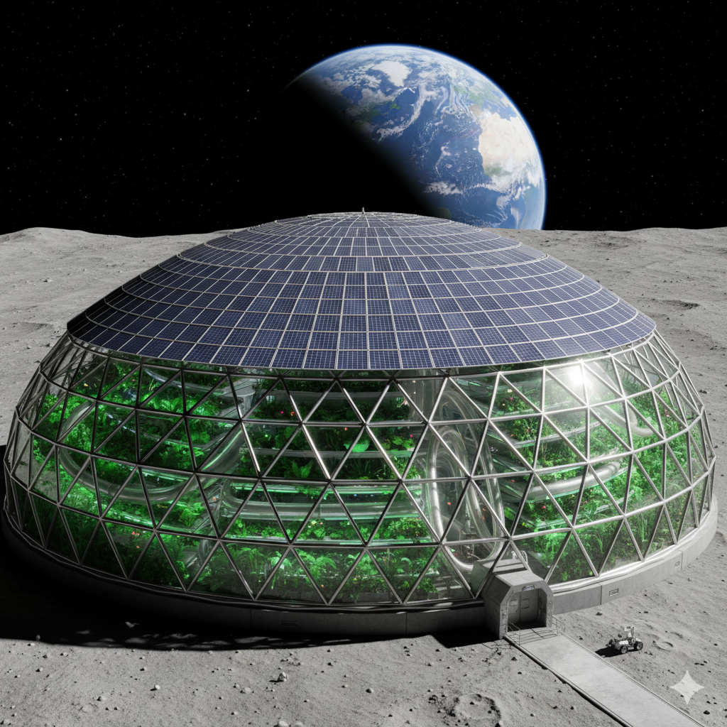 Sustainable lunar dome powered by solar panels and oxygen gardens