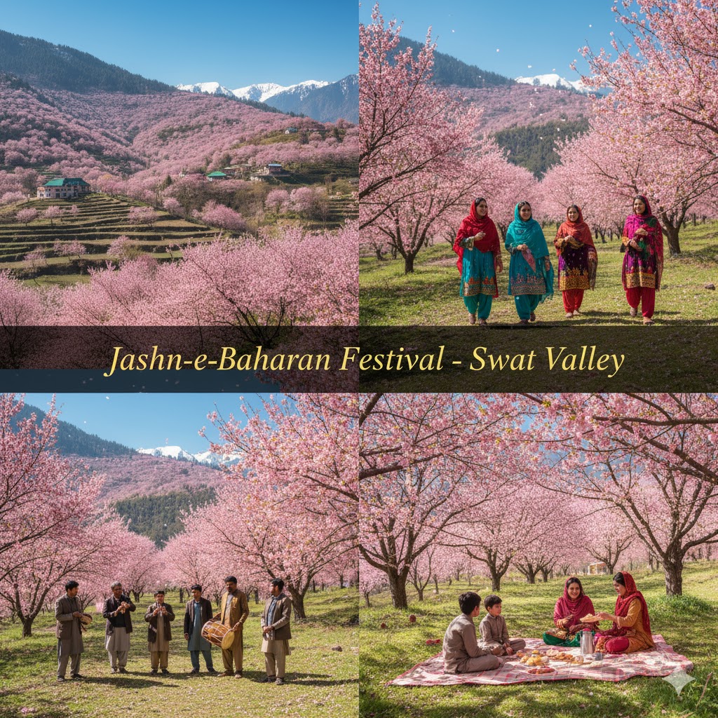 Swat Valley hillside blooming with pink cherry blossoms during Jashn-e-Baharan Festival Swat Valley hillside blooming with pink cherry blossoms during Jashn-e-Baharan Festival