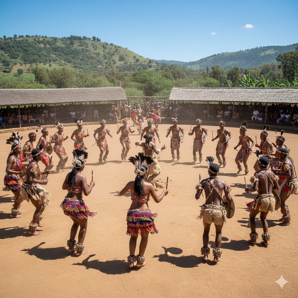 Swazi dancers performing traditional ceremony outdoors