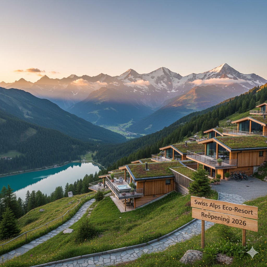 Swiss Alps panoramic view with eco resort chalets 2026 travel reopening