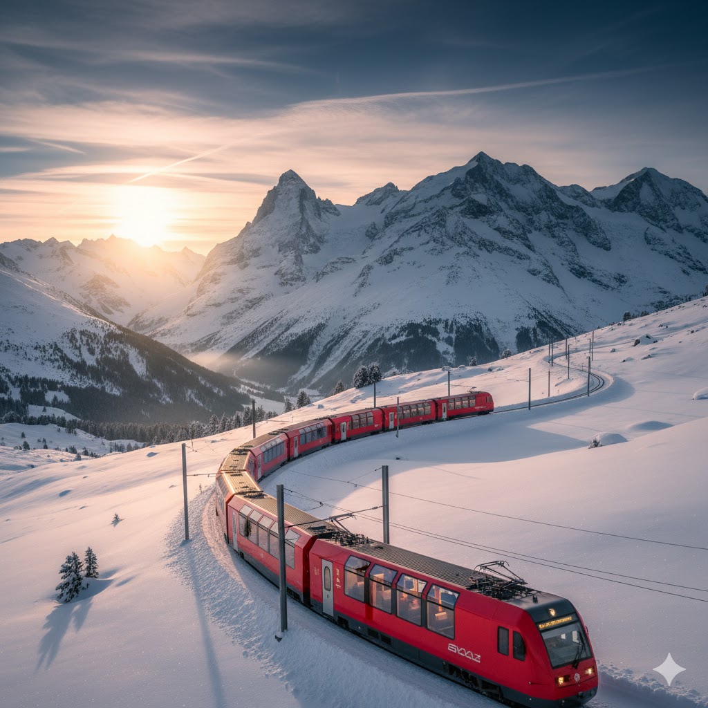 Swiss Alps with a red train curving through snowy peaks
